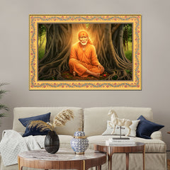 Sai Baba Under the Tree Floral Border Canvas Wall Painting