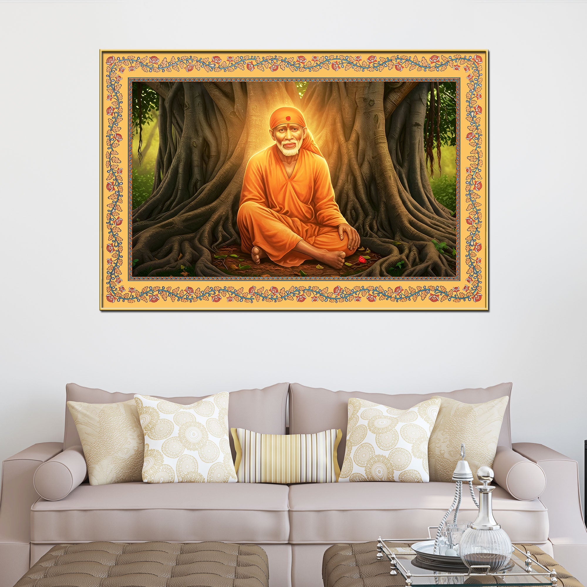 Sai Baba Under the Tree Floral Border Canvas Wall Painting