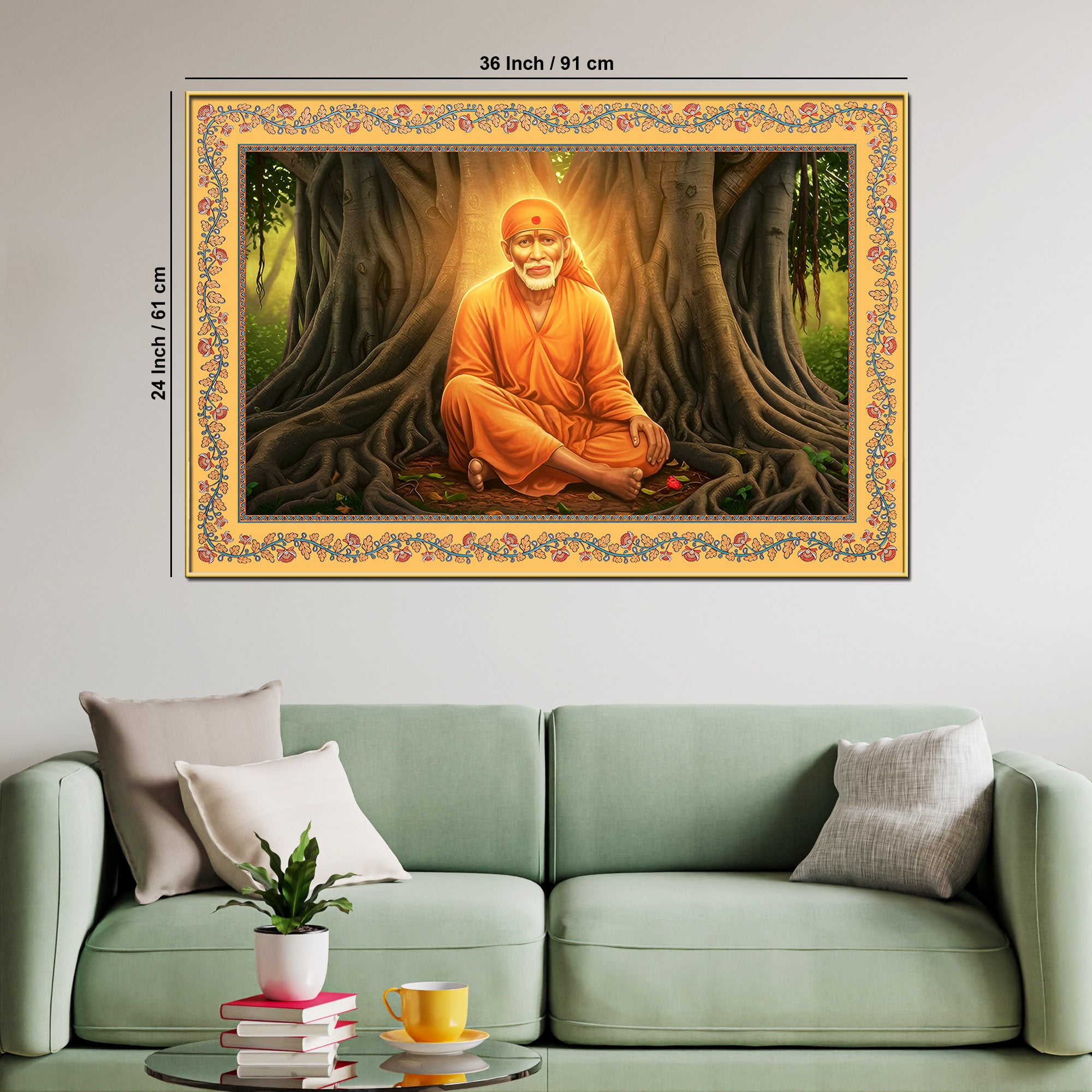 Sai Baba Under the Tree Floral Border Canvas Wall Painting