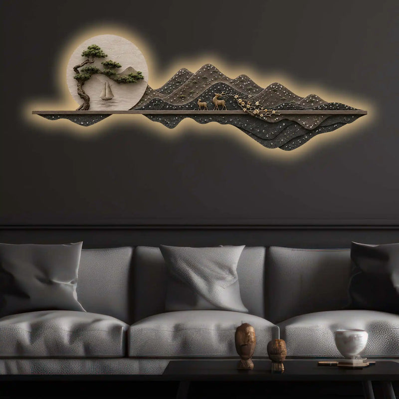 Sailboat Mountain Scene Premium Crystal Glass Backlit LED Wall Art