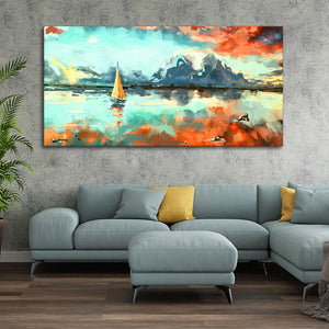 Sailing Boat in Lake at Sunset Premium Canvas Wall Painting