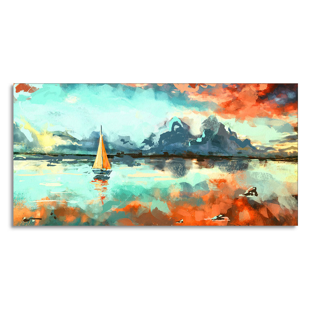 Sailing Boat in Lake at Sunset Premium Canvas Wall Painting