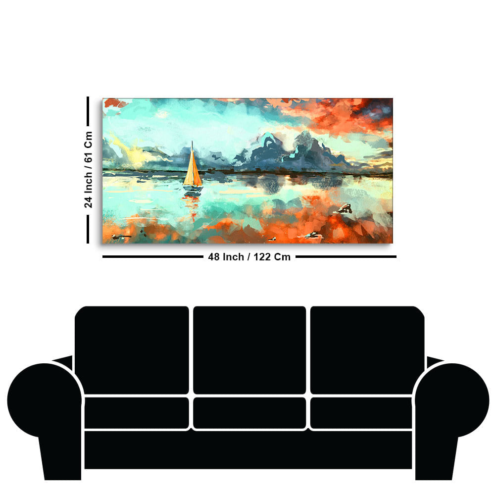 Sailing Boat in Lake at Sunset Premium Canvas Wall Painting