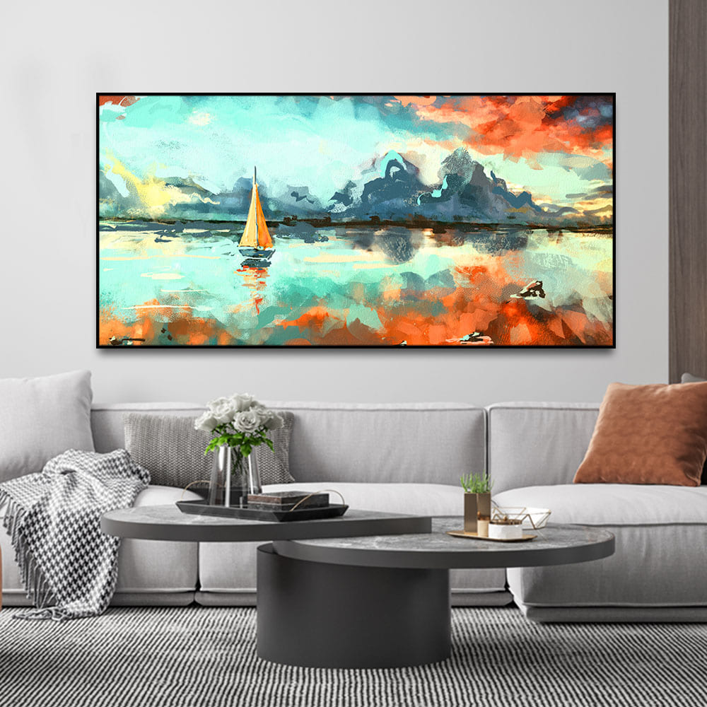 Sailing Boat in Lake at Sunset Premium Canvas Wall Painting