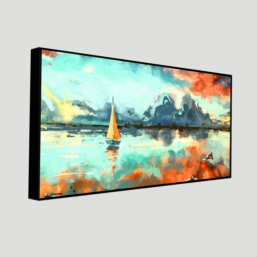 Sailing Boat in Lake at Sunset Premium Canvas Wall Painting