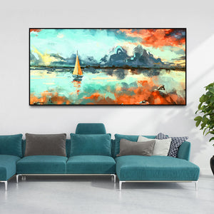 Sailing Boat in Lake at Sunset Premium Canvas Wall Painting