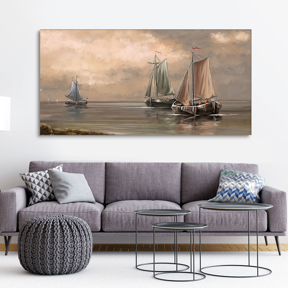 Sailing Boat on the Sea landscape with Fisherman Wall Painting