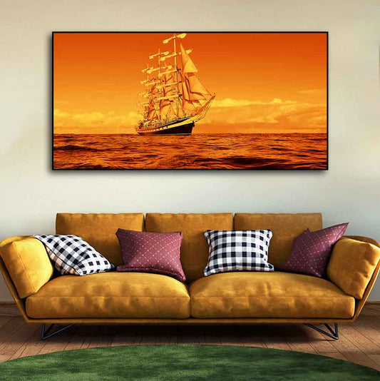 Sailing Ship in a Beautiful Golden Hour Premium Wall Painting