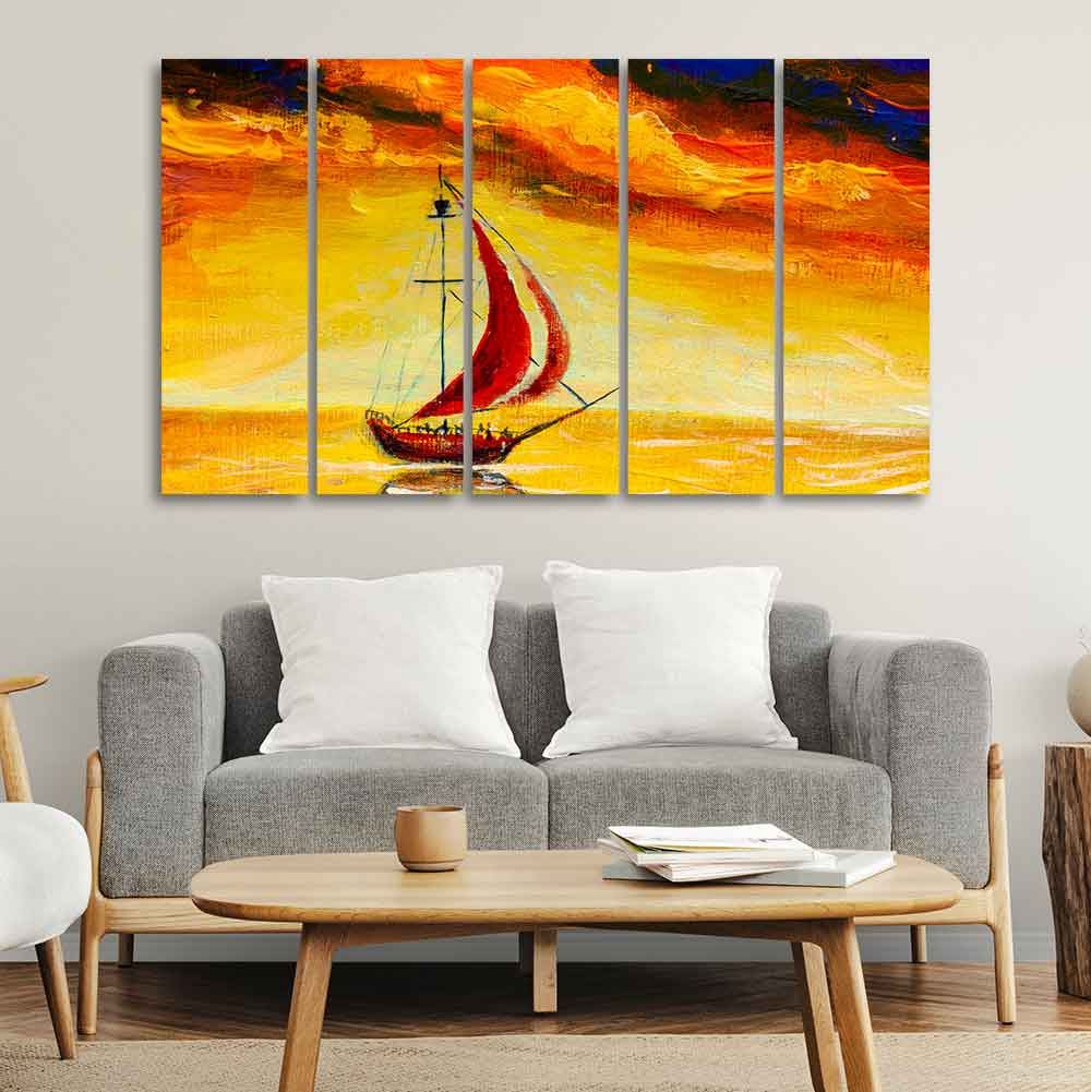 Sailing Ship with Red Sails Five Pieces Wall Painting