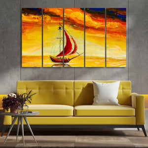 Sailing Ship with Red Sails Five Pieces Wall Painting