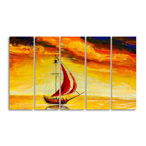 Sailing Ship with Red Sails Five Pieces Wall Painting