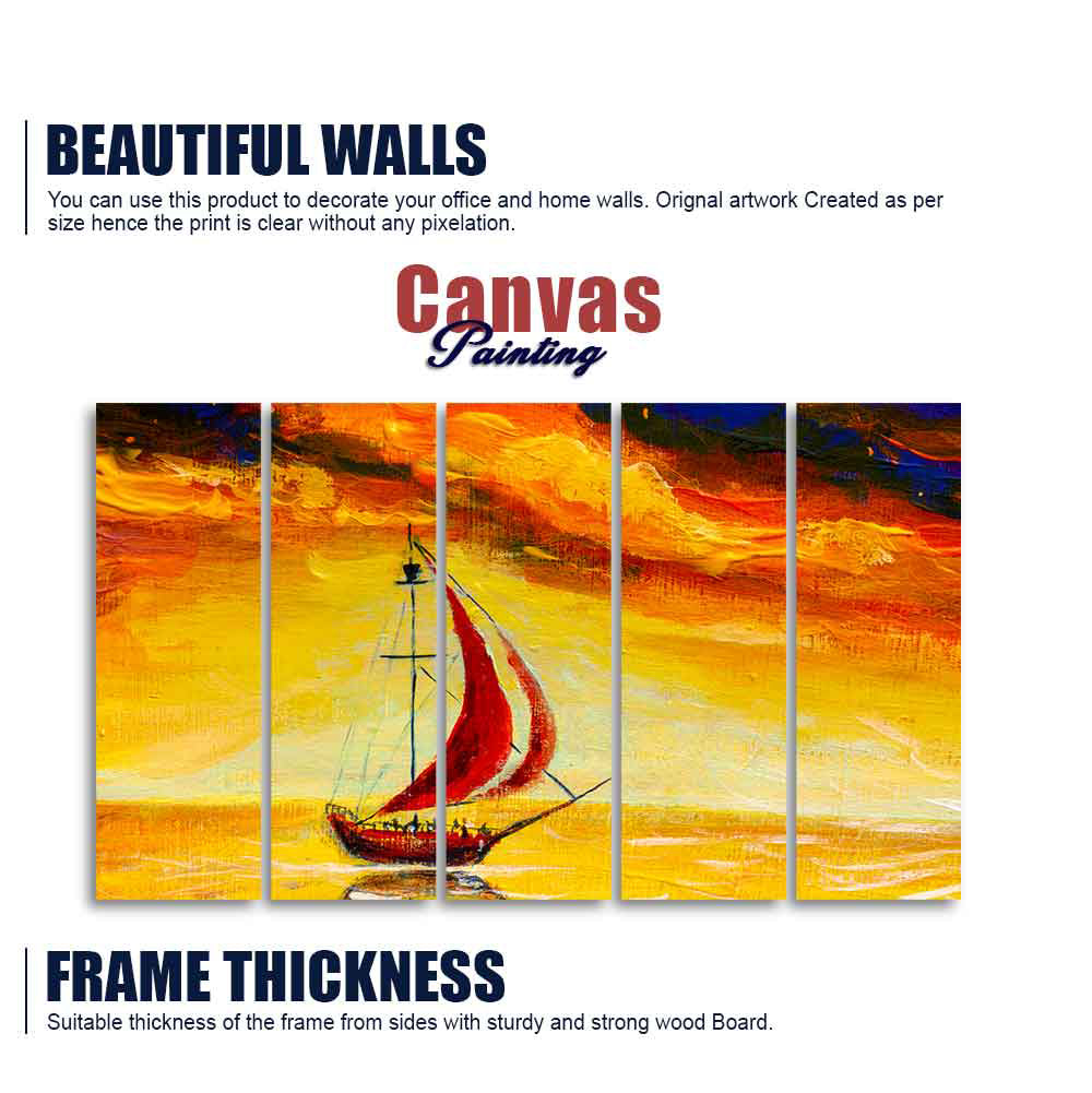 Sailing Ship with Red Sails Five Pieces Wall Painting