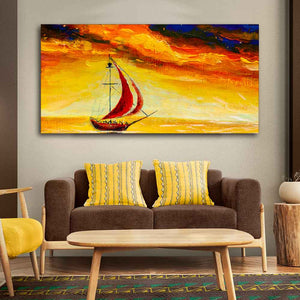 Sailing Ship with Red Sails with Yellow Sea Background Wall Painting