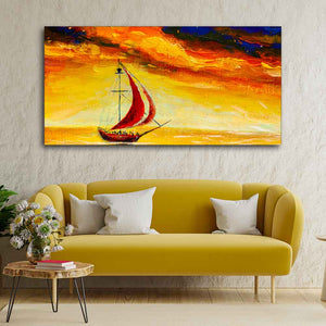 Sailing Ship with Red Sails with Yellow Sea Background Wall Painting