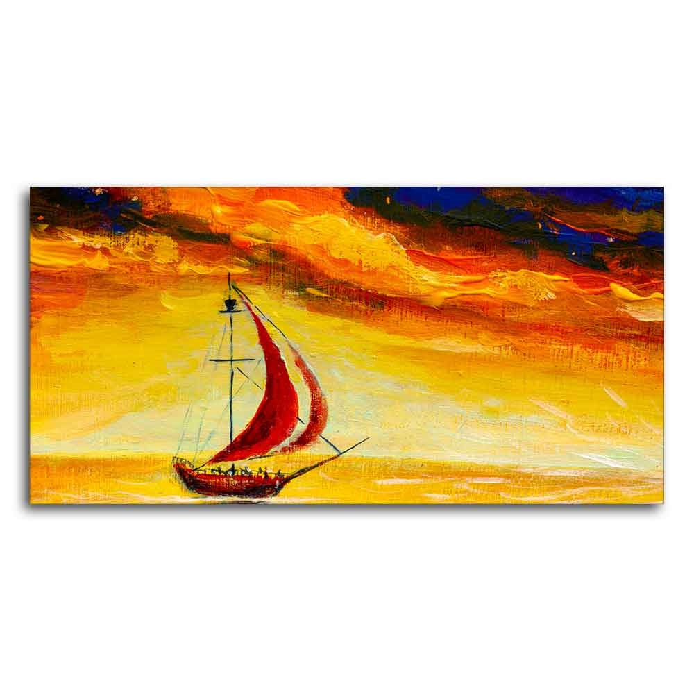 Sailing Ship with Red Sails with Yellow Sea Background Wall Painting