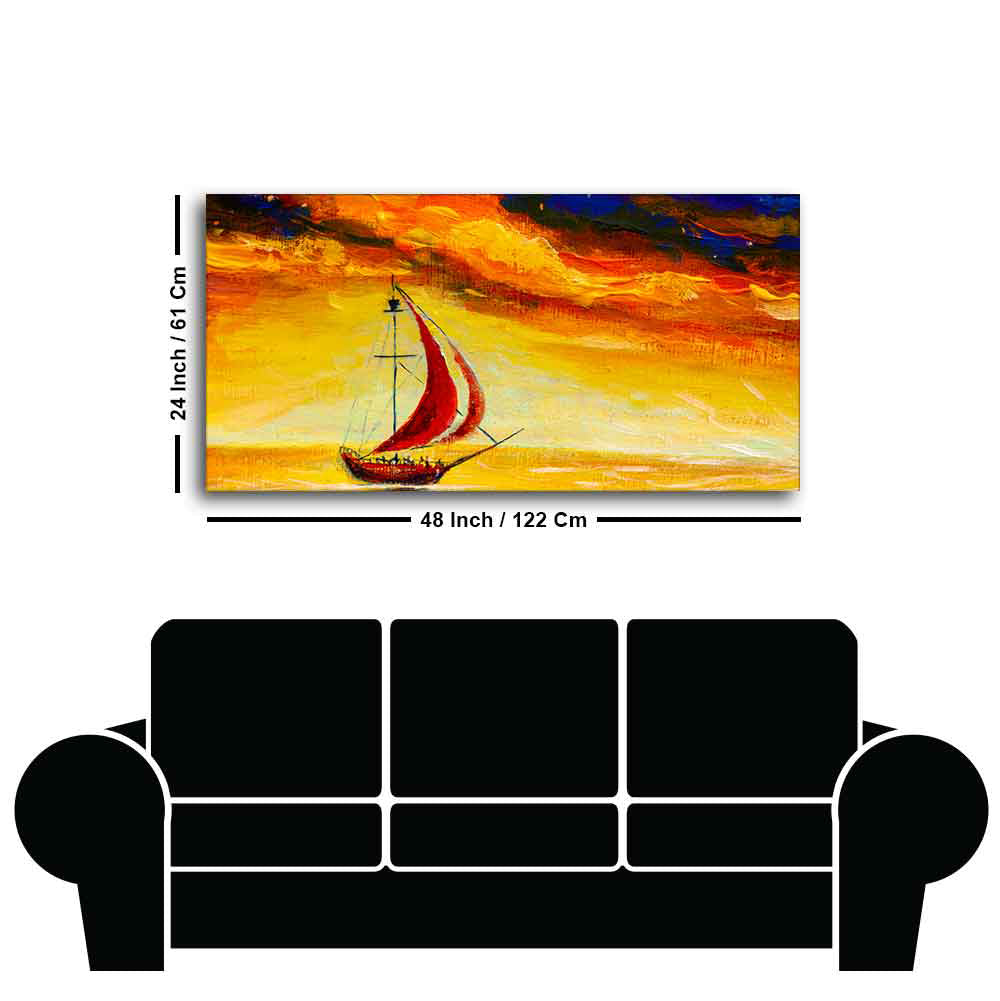 Sailing Ship with Red Sails with Yellow Sea Background Wall Painting