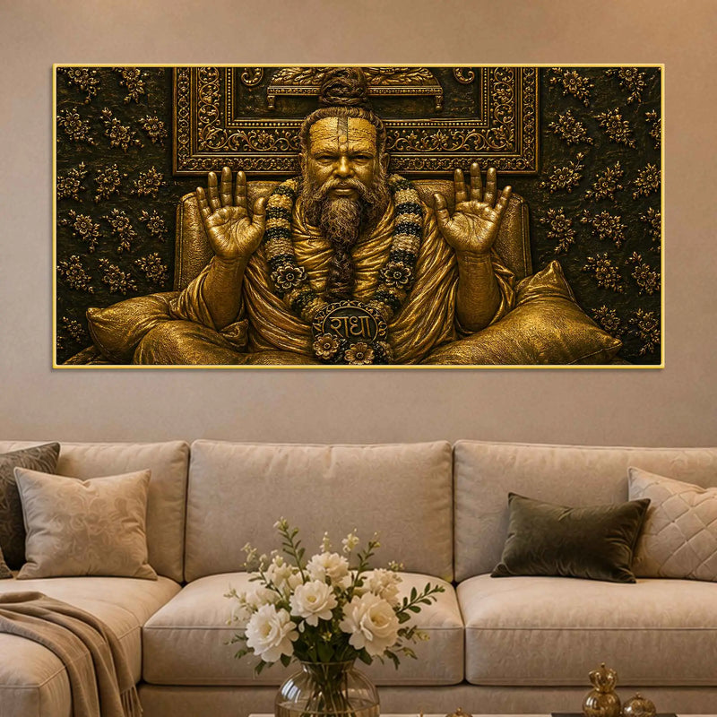 Saint Shri Premanandji Maharaj Giving Blessing Metallic Look 3D Canvas Wall Painting
