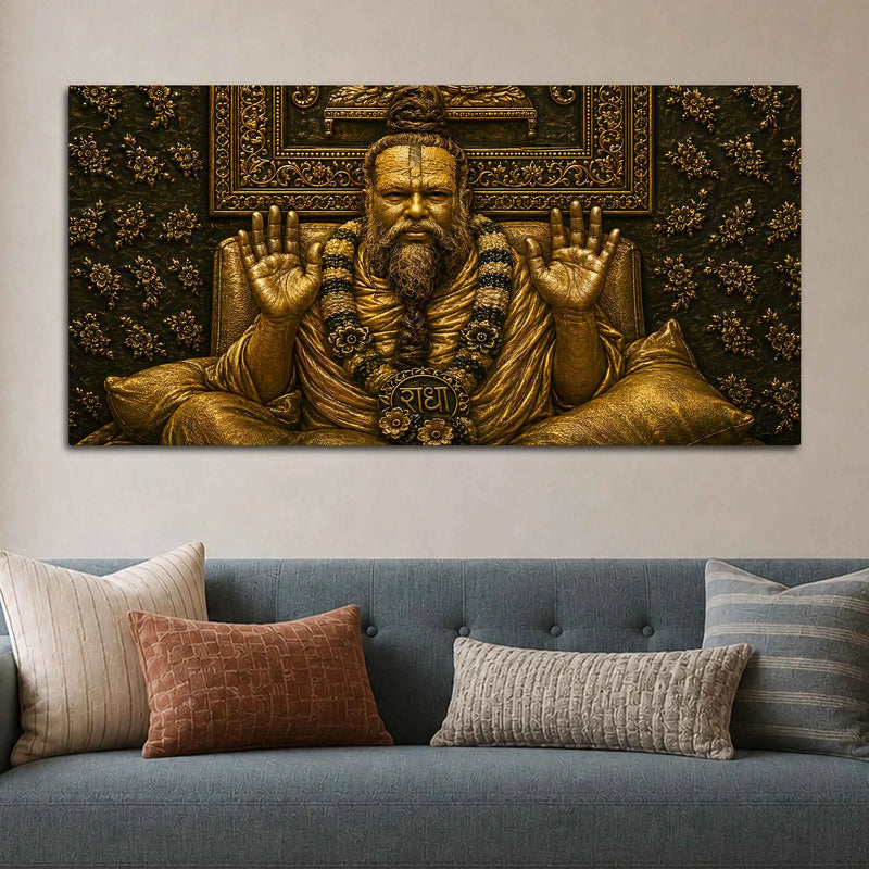 Saint Shri Premanandji Maharaj Giving Blessing Metallic Look 3D Canvas Wall Painting