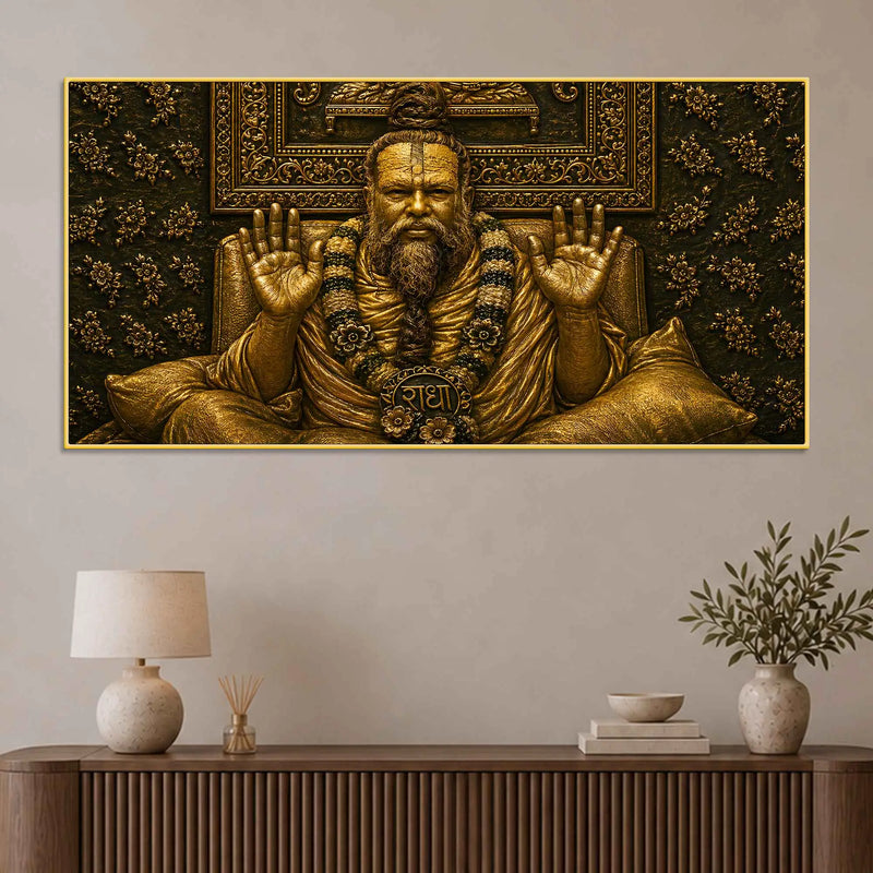 Saint Shri Premanandji Maharaj Giving Blessing Metallic Look 3D Canvas Wall Painting