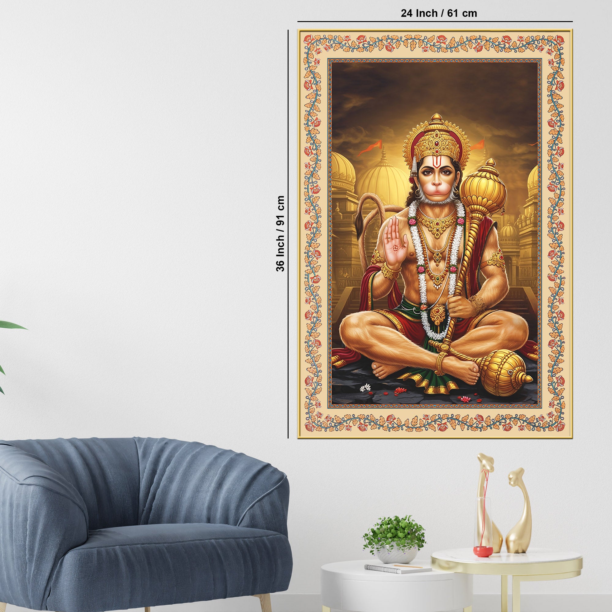 Sankat Mochan Hanuman Floral Border Vertical Canvas Wall Painting