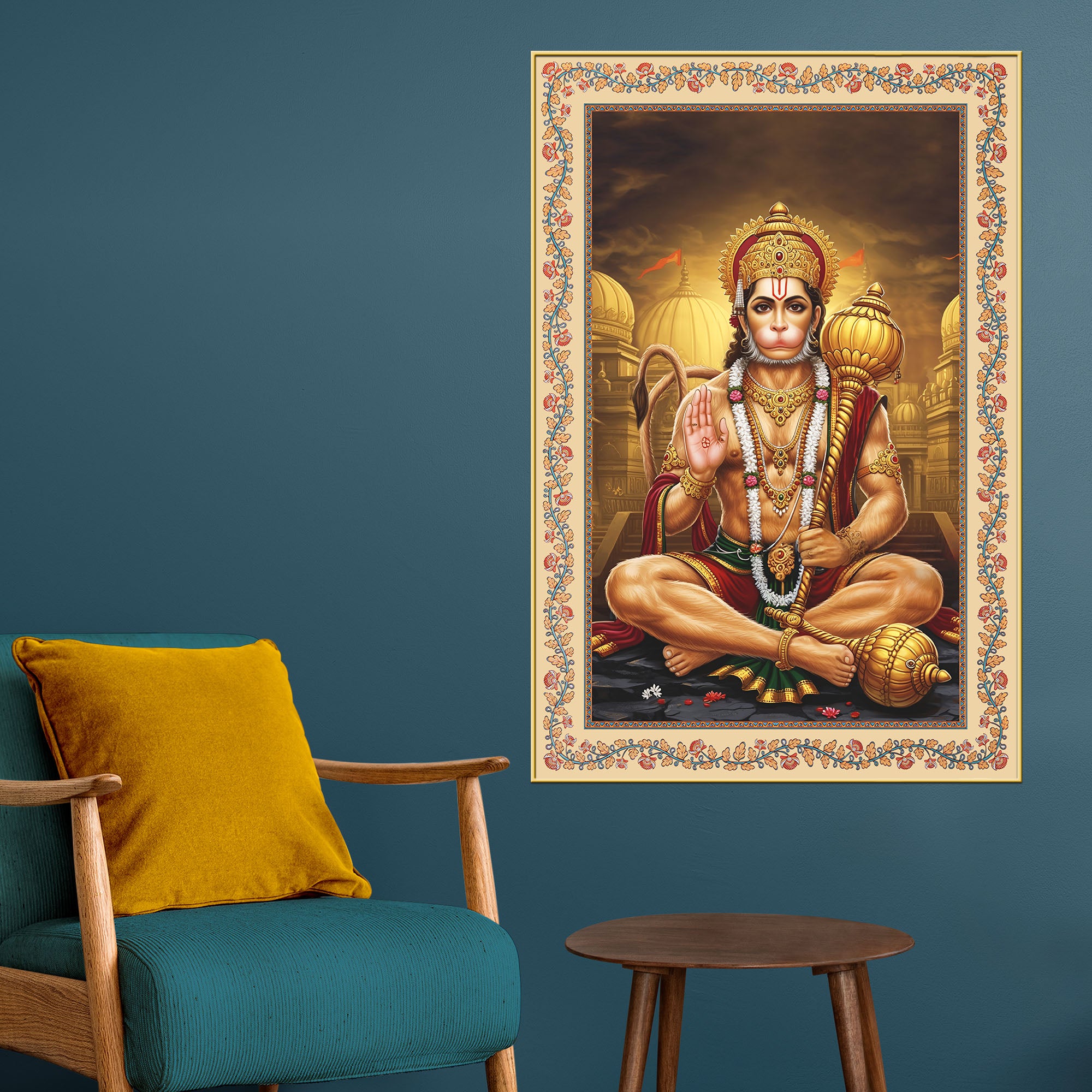Sankat Mochan Hanuman Floral Border Vertical Canvas Wall Painting
