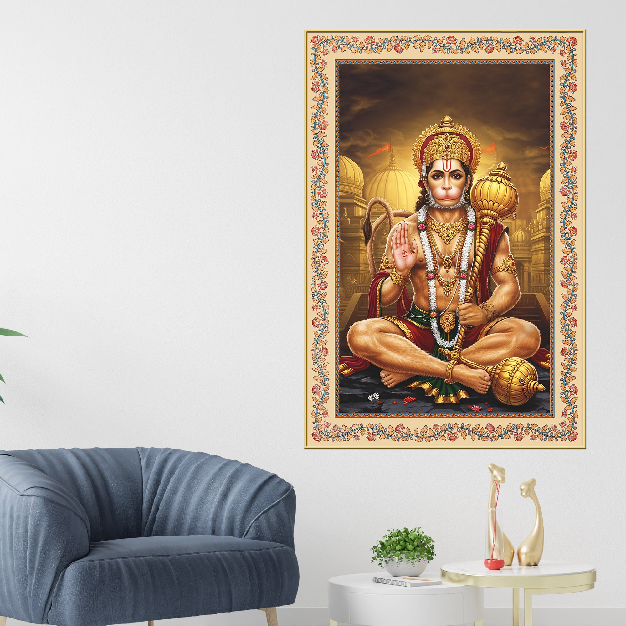 Sankat Mochan Hanuman Floral Border Vertical Canvas Wall Painting