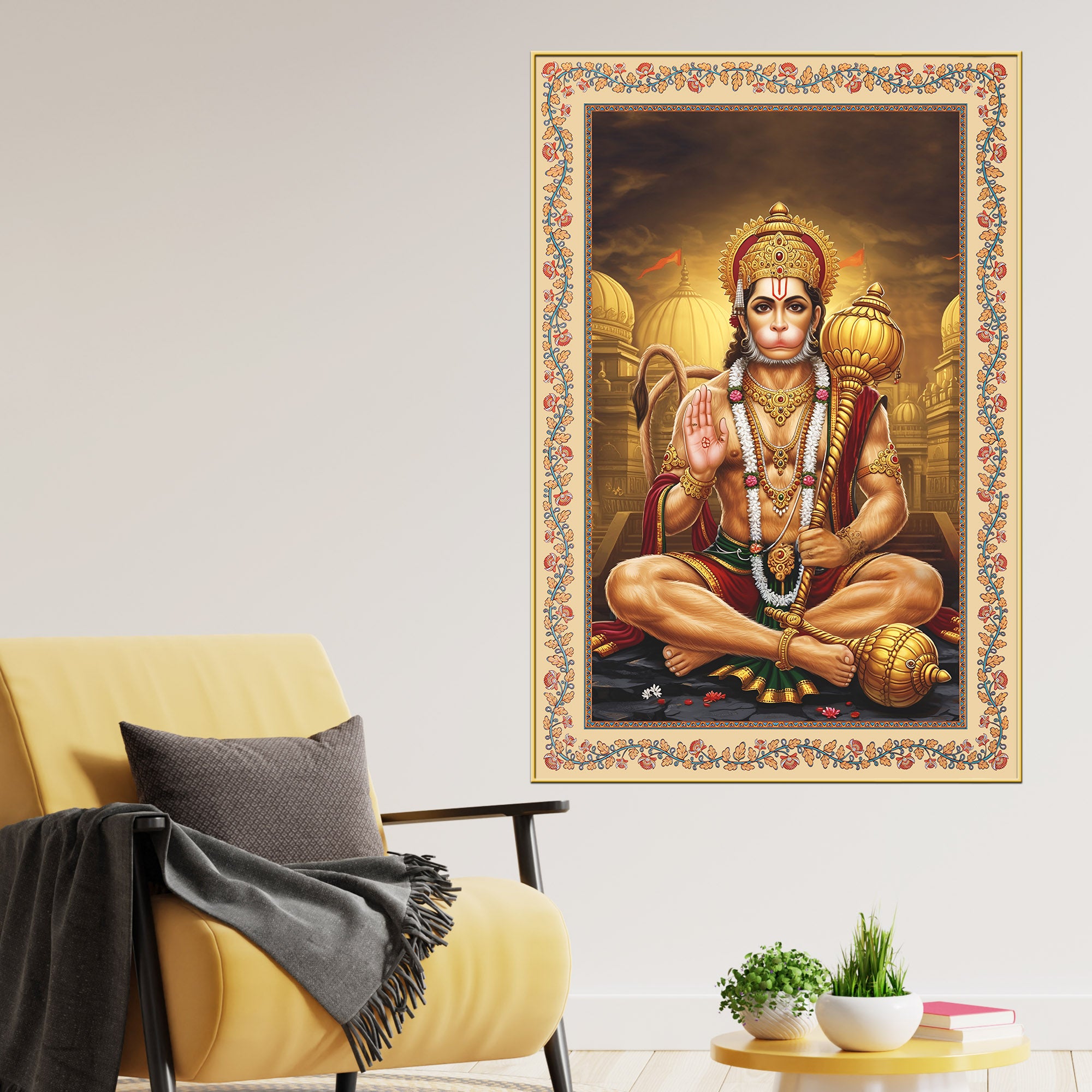 Sankat Mochan Hanuman Floral Border Vertical Canvas Wall Painting