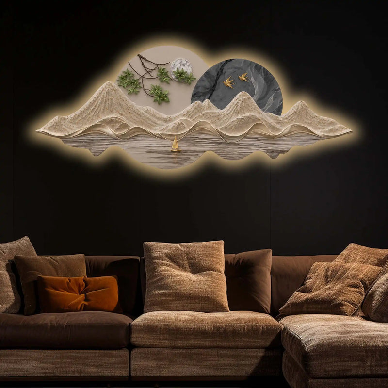 Scenic Mountain Landscape Crystal Glass Backlit LED Wall Art