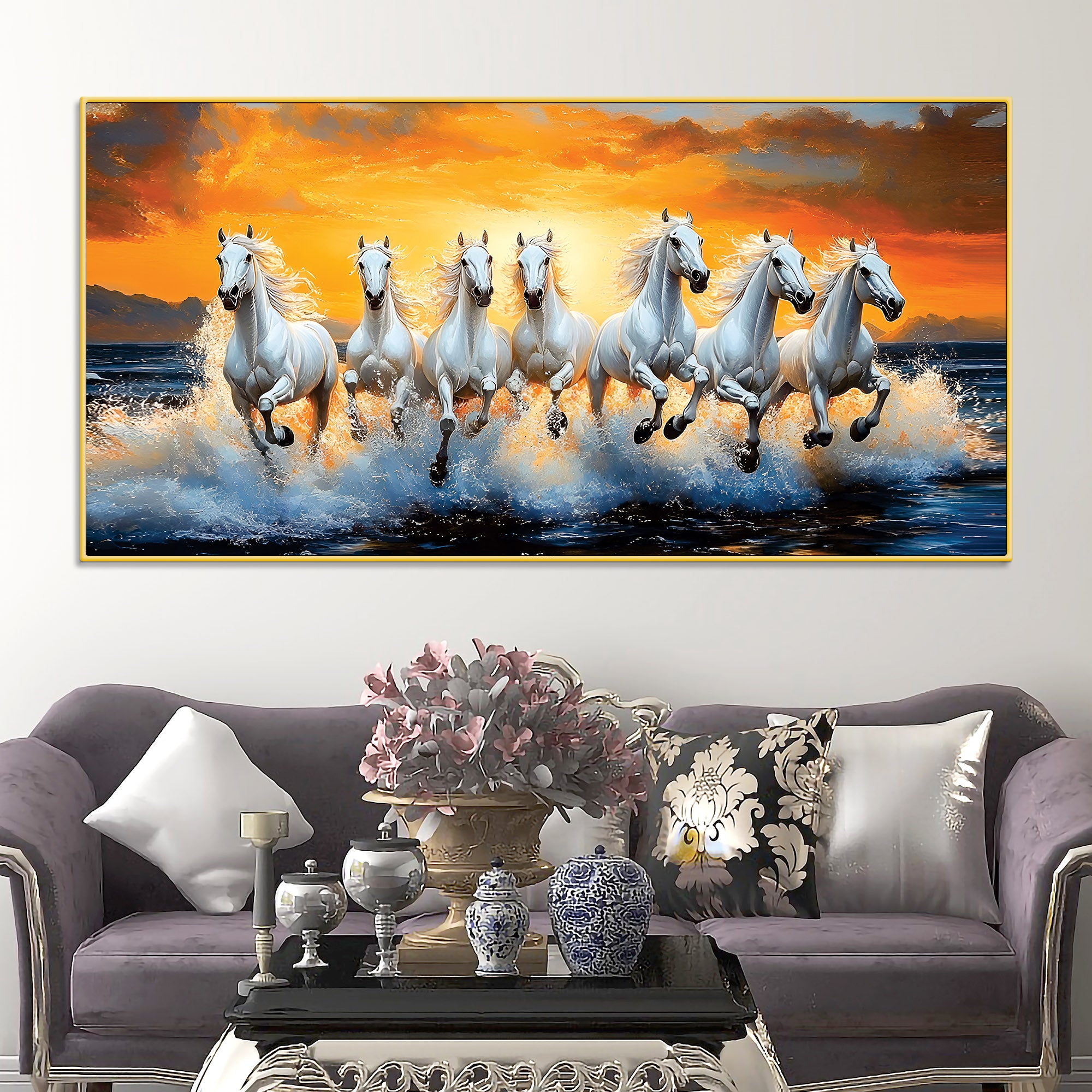 Scenic view of Seven Horses Running at Beach Canvas Wall Painting