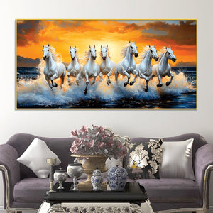 Scenic view of Seven Horses Running at Beach Canvas Wall Painting