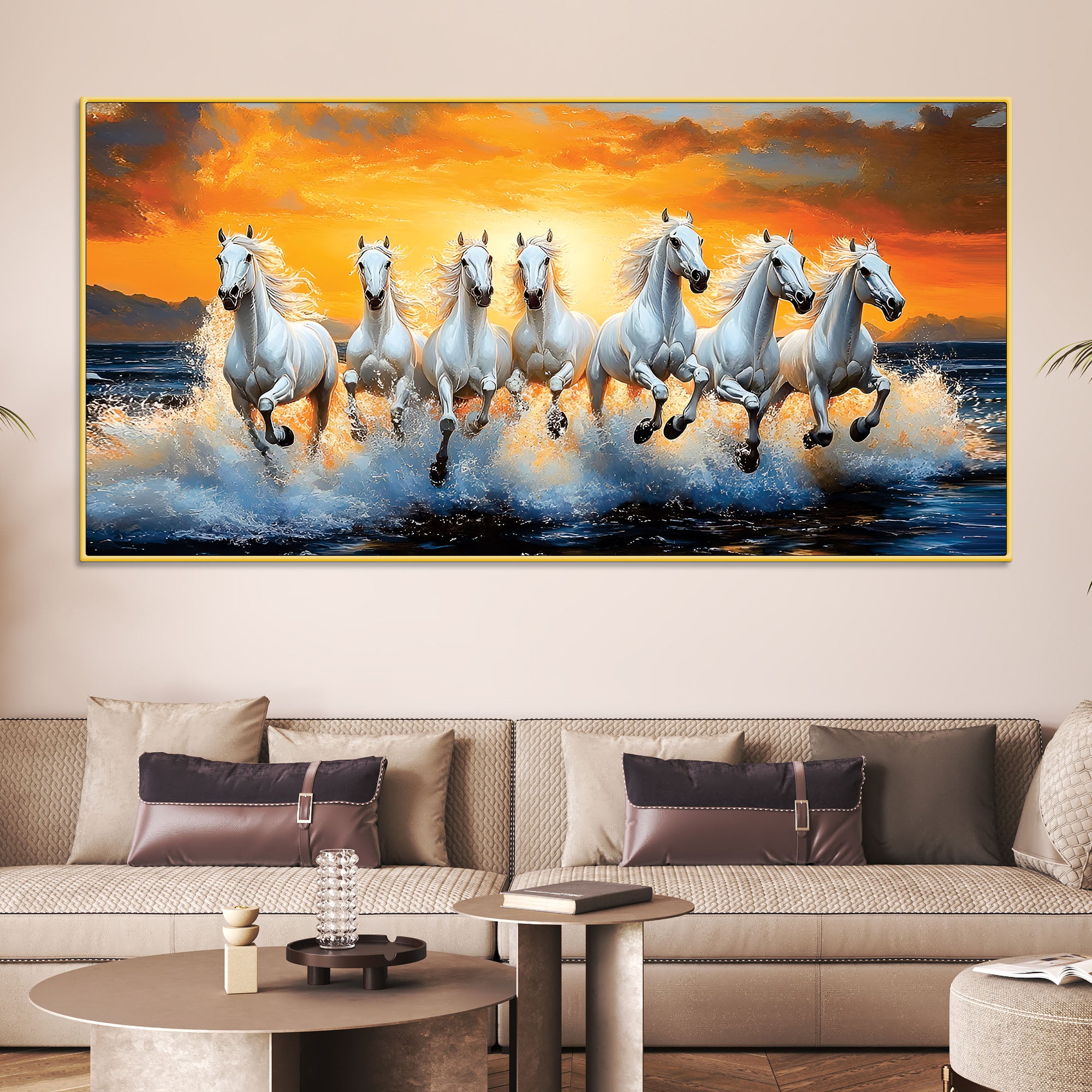 Scenic view of Seven Horses Running at Beach Canvas Wall Painting