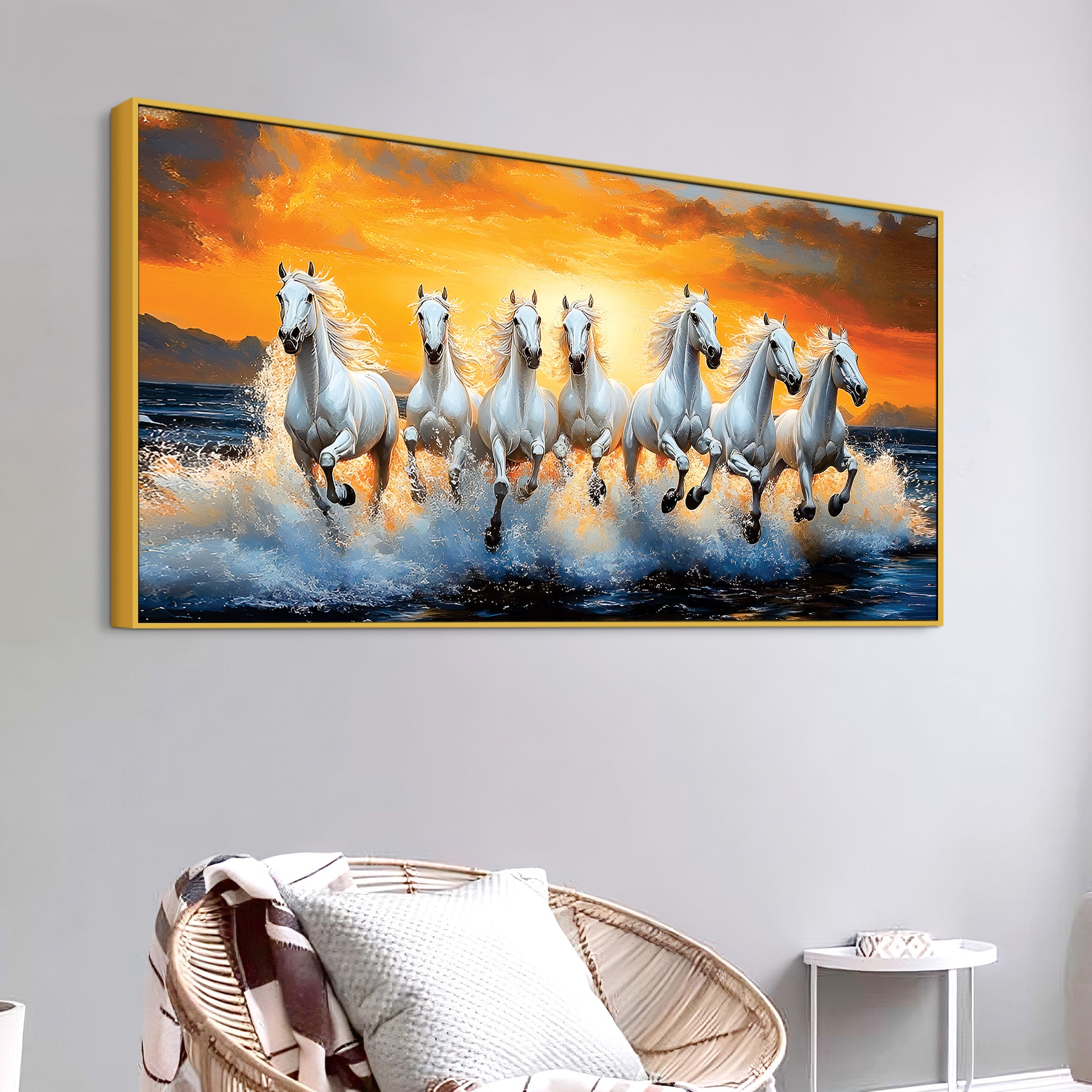 Scenic view of Seven Horses Running at Beach Canvas Wall Painting