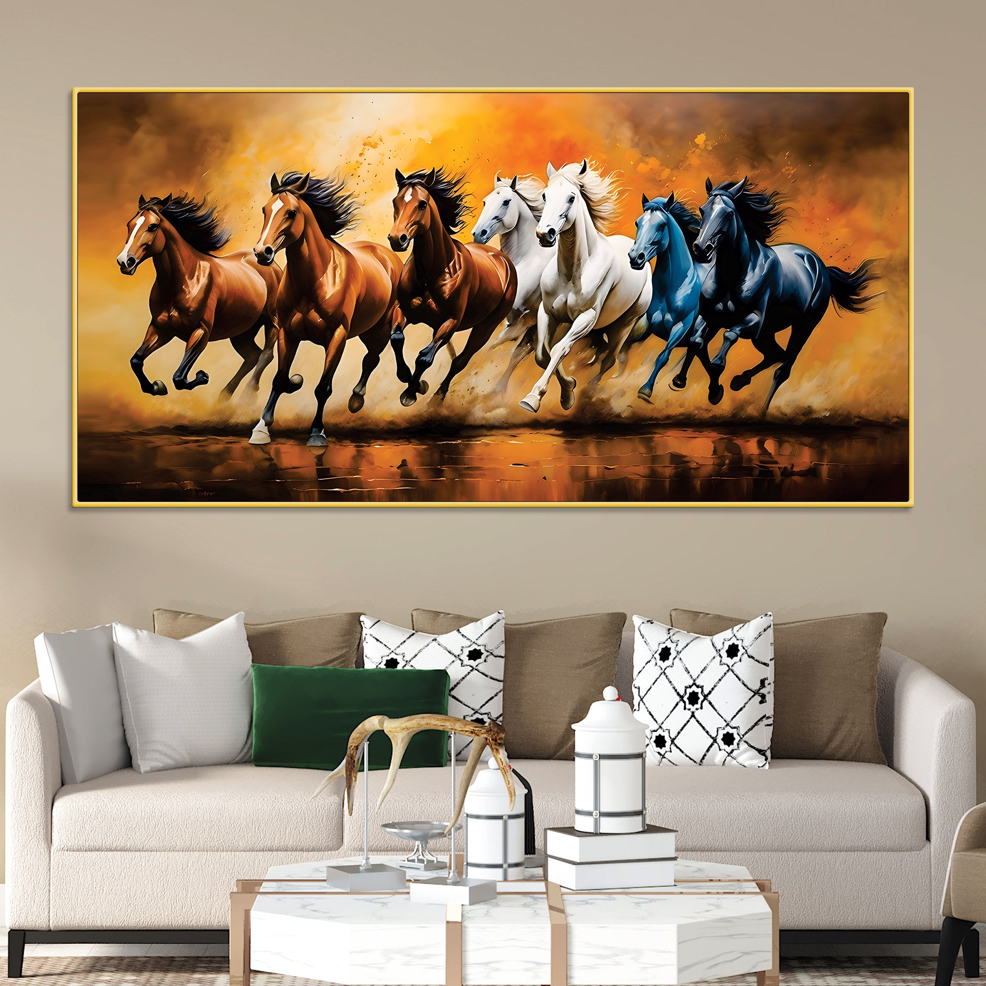 Scenic view of Seven Horses Running Canvas Wall Painting