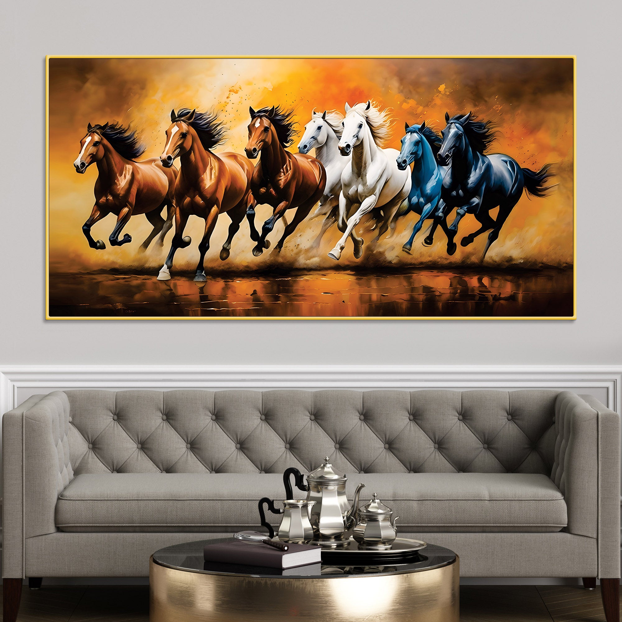 Scenic view of Seven Horses Running Canvas Wall Painting