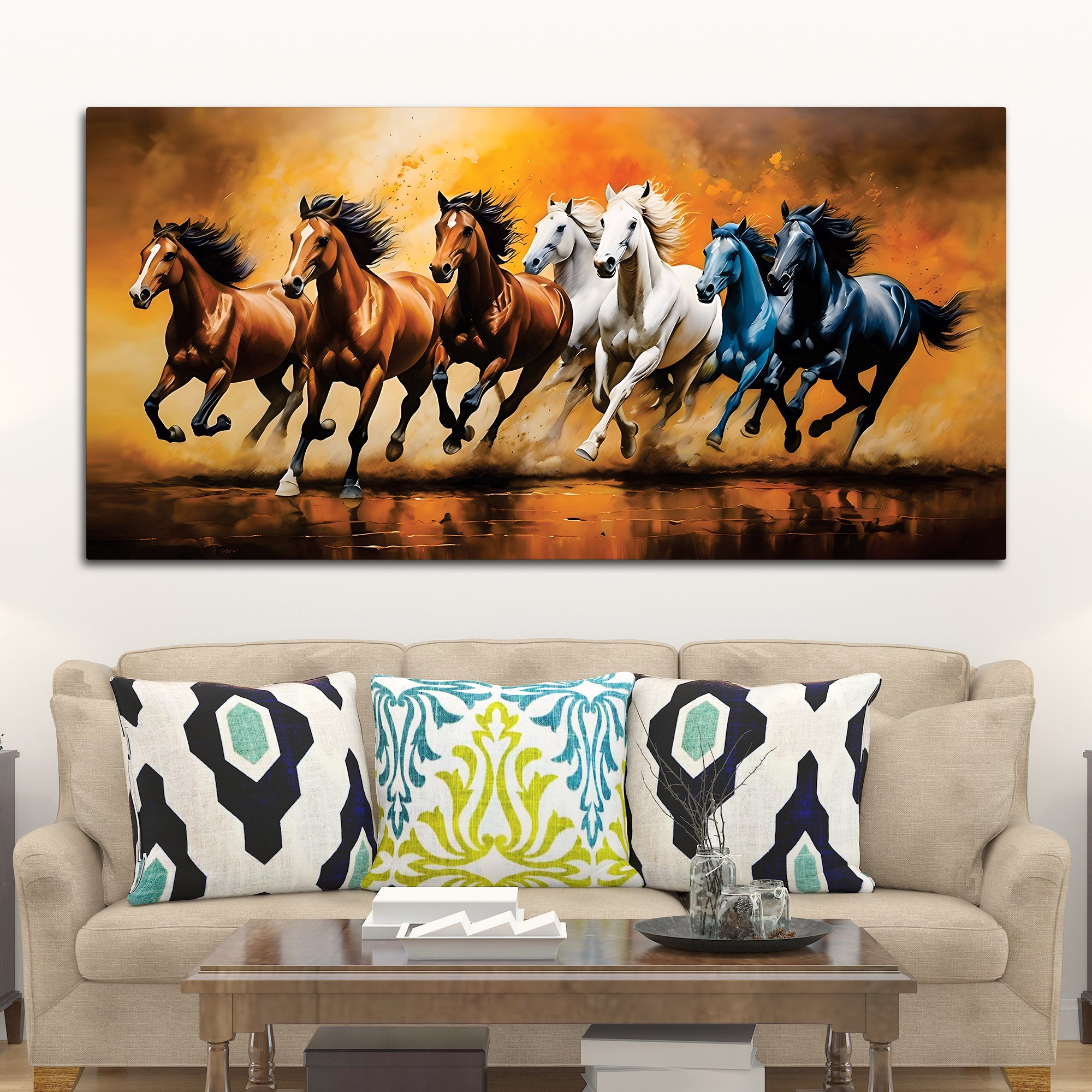 Scenic view of Seven Horses Running Canvas Wall Painting