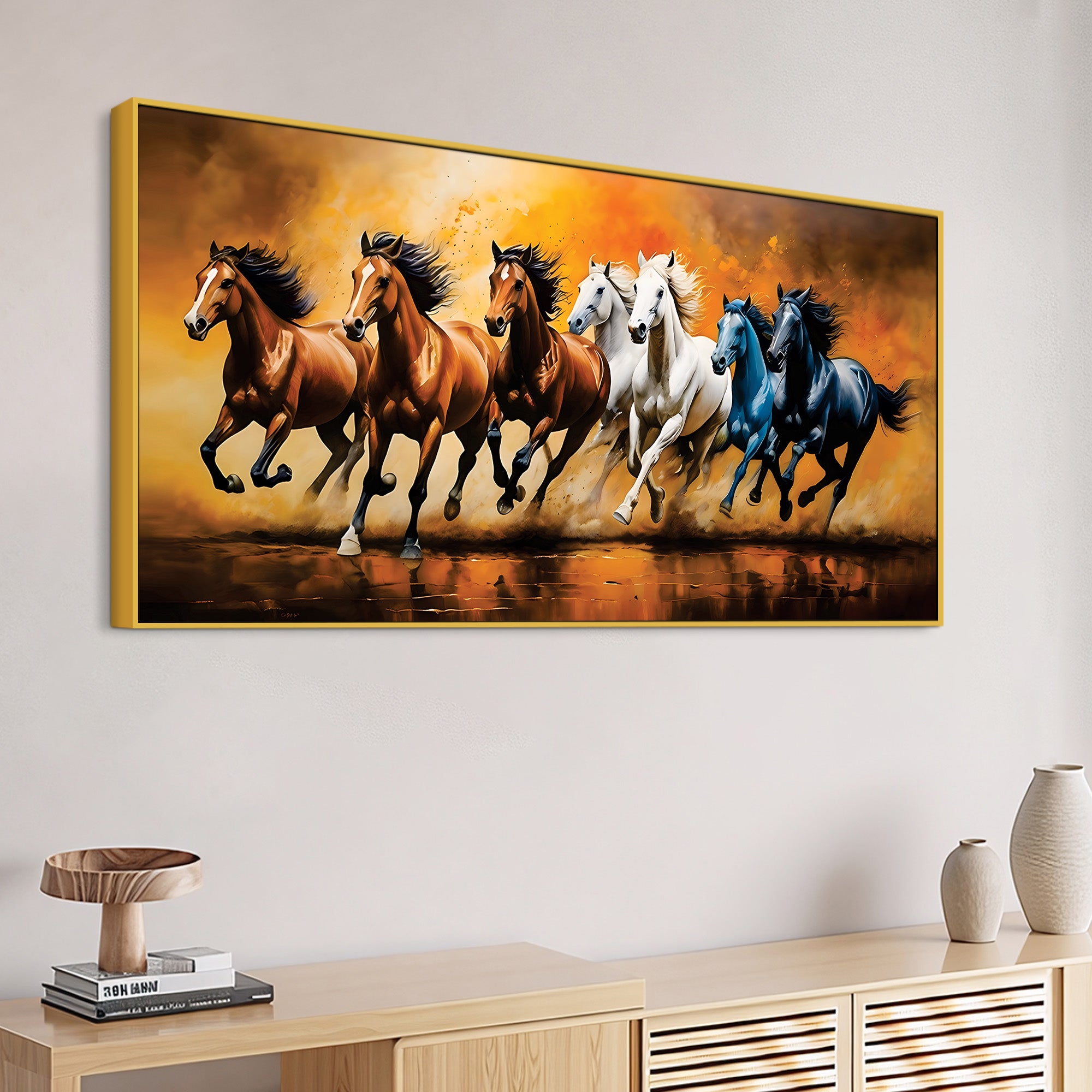 Scenic view of Seven Horses Running Canvas Wall Painting