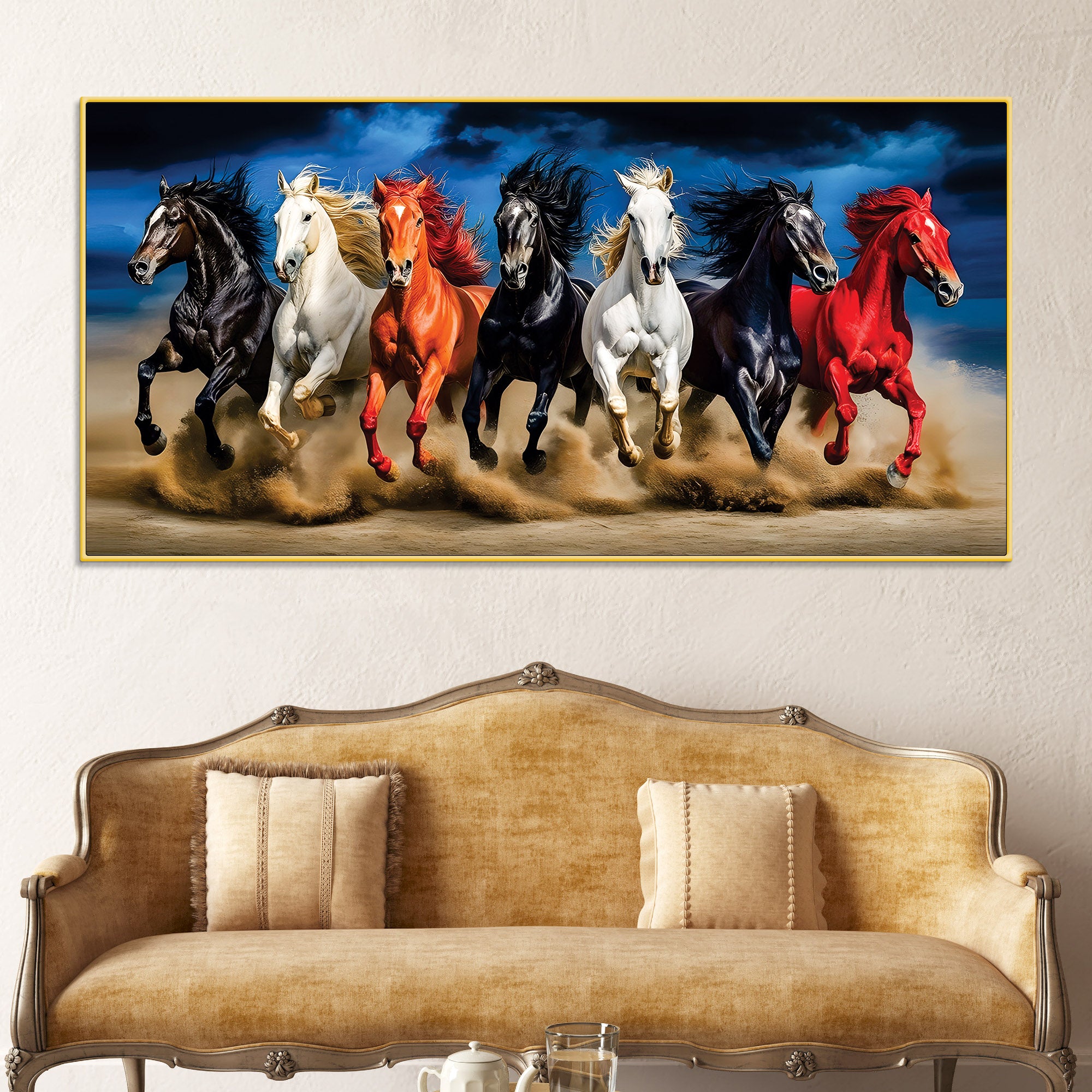Scenic view Seven Horses Running at Night Canvas Wall Painting