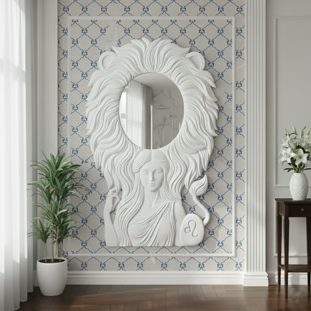 Artistic Sculptural Wall Mirror with Female Figure & Lion Mane Design – Creative Art Wall Mirror for Home & Office