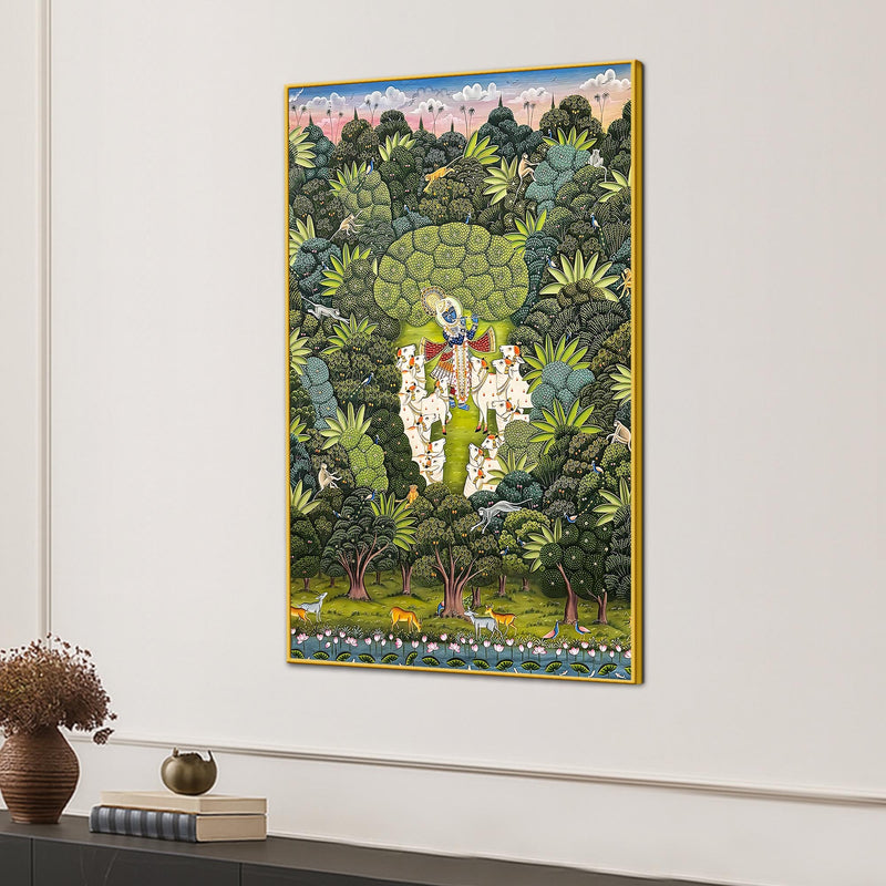 Secret Forest Darshan of Shrinathji and Sacred Cows Canvas Wall Painting