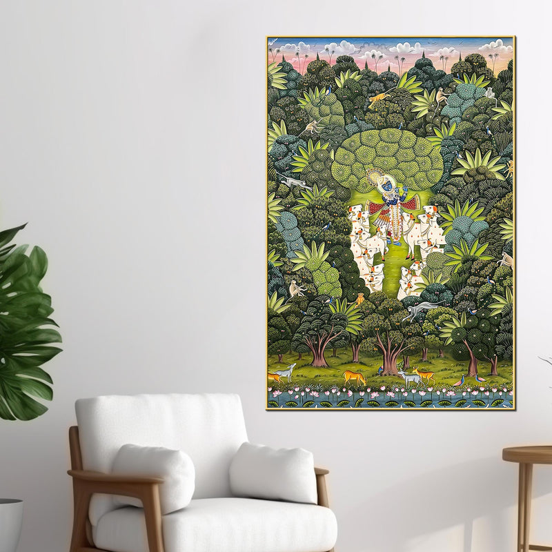 Secret Forest Darshan of Shrinathji and Sacred Cows Canvas Wall Painting