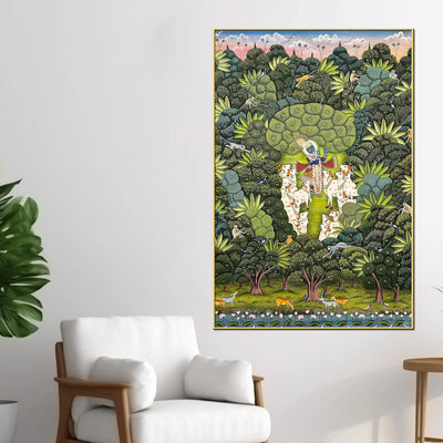 Secret Forest Darshan of Shrinathji and Sacred Cows Canvas Wall Painting