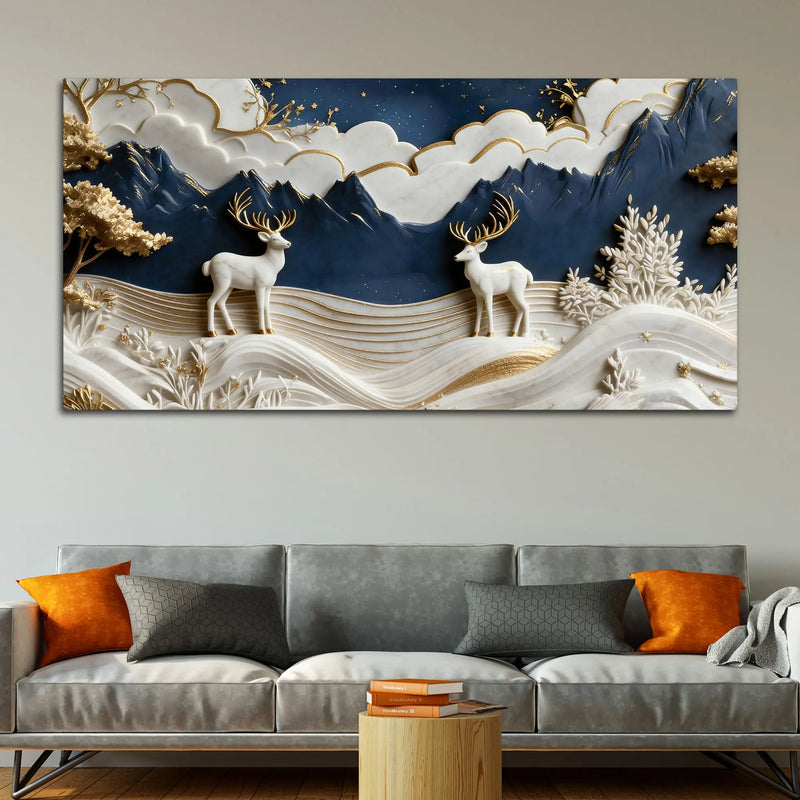 Serene Alpine Valley with Twin White Stags 3D Canvas Wall Painting