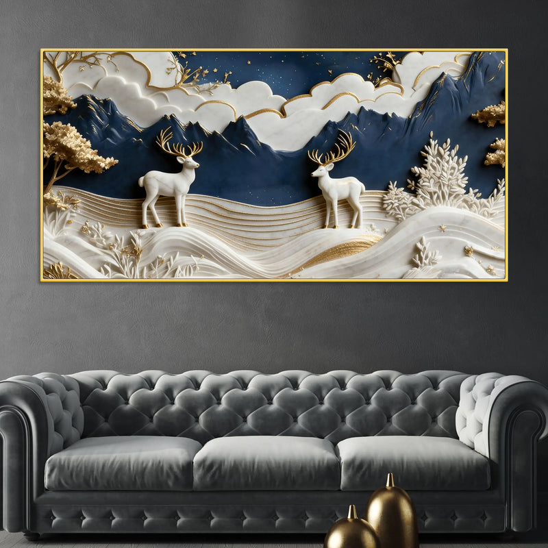 Serene Alpine Valley with Twin White Stags 3D Canvas Wall Painting