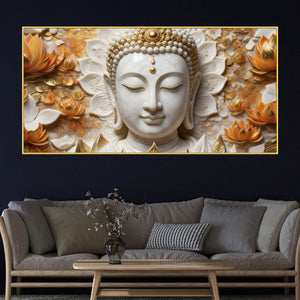 Serene Buddha Face Amid Golden Lotus Blossoms 3D Canvas Wall Painting