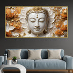 Serene Buddha Face Amid Golden Lotus Blossoms 3D Effect Canvas Wall Painting