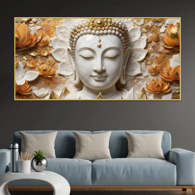Serene Buddha Face Amid Golden Lotus Blossoms 3D Effect Canvas Wall Painting