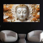 Serene Buddha Face Amid Golden Lotus Blossoms 3D Effect Canvas Wall Painting