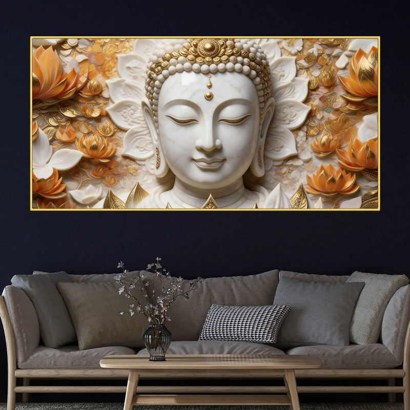 Serene Buddha Face Amid Golden Lotus Blossoms 3D Effect Canvas Wall Painting