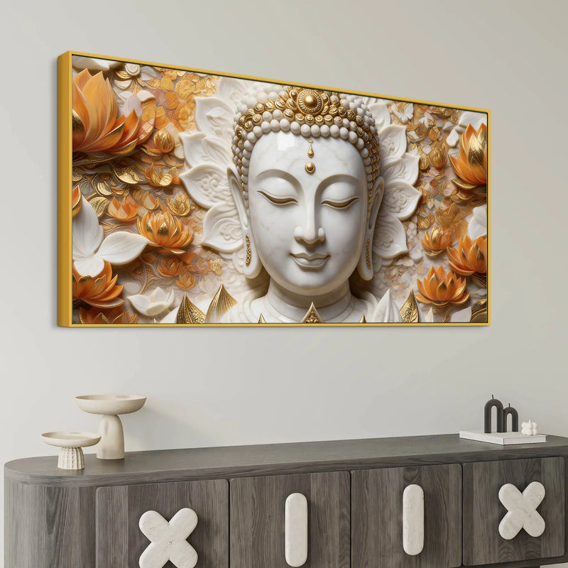 Serene Buddha Face Amid Golden Lotus Blossoms 3D Effect Canvas Wall Painting