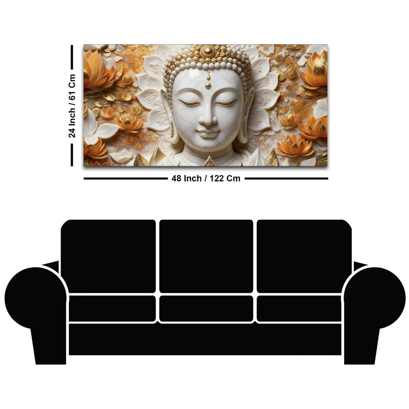 Serene Buddha Face Amid Golden Lotus Blossoms 3D Effect Canvas Wall Painting